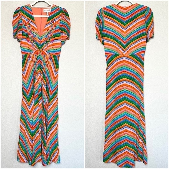 SALONI Silk Rainbow Floral Stripe‎ Puffed Short Sleeve Button Front Midi Dress 4 - Picture 13 of 16